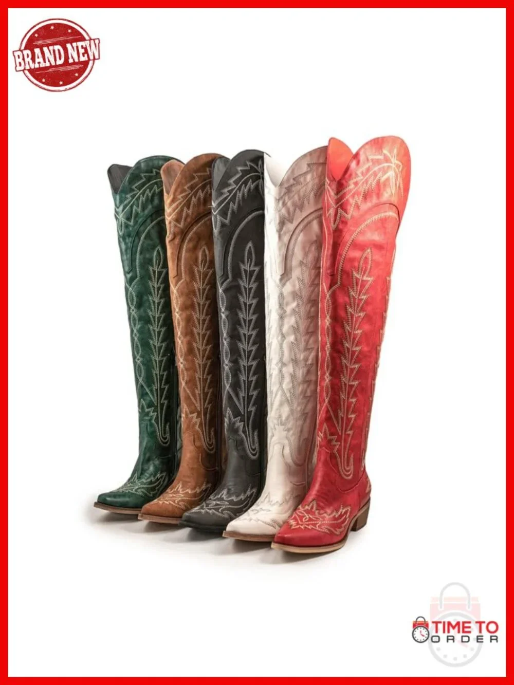 Women Over The Knee Cowboy Boots Faux Leather Wide Calf Embroidered Chunky Heel